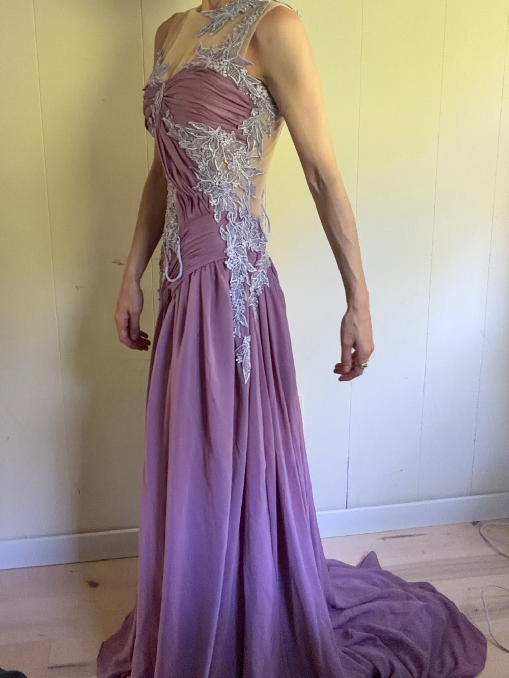 vintage pastel lilac lace maxi draped dress wedding feminine romantic